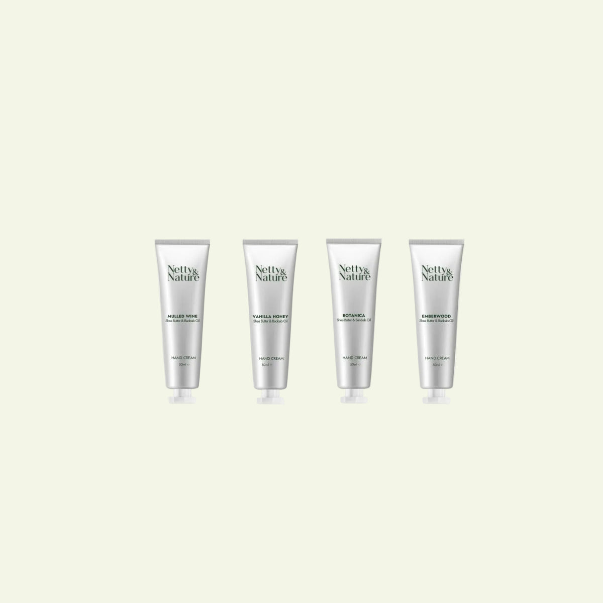 Set of four Netty & Nature 50 ml Deep Moisture Hand Cream tubes in a row