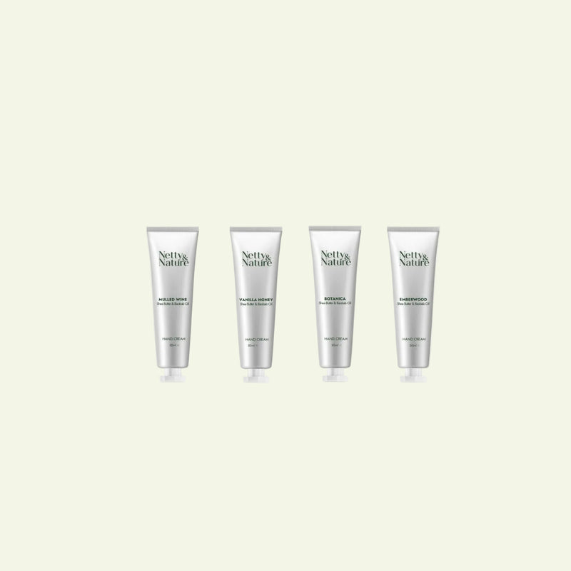 Set of four Netty & Nature 50 ml Deep Moisture Hand Cream tubes in a row