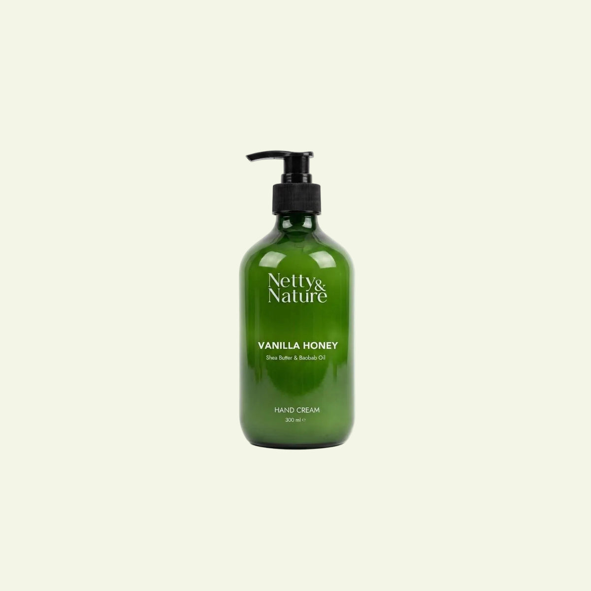 Netty & Nature Vanilla Honey Deep Moisture Hand Cream in a deep-green 300 ml pump bottle, with shea butter and baobab oil