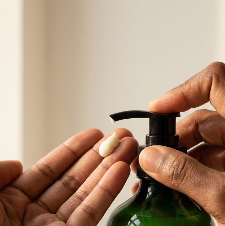 Hands dispensing white Netty & Nature hand cream from a deep-green pump bottle