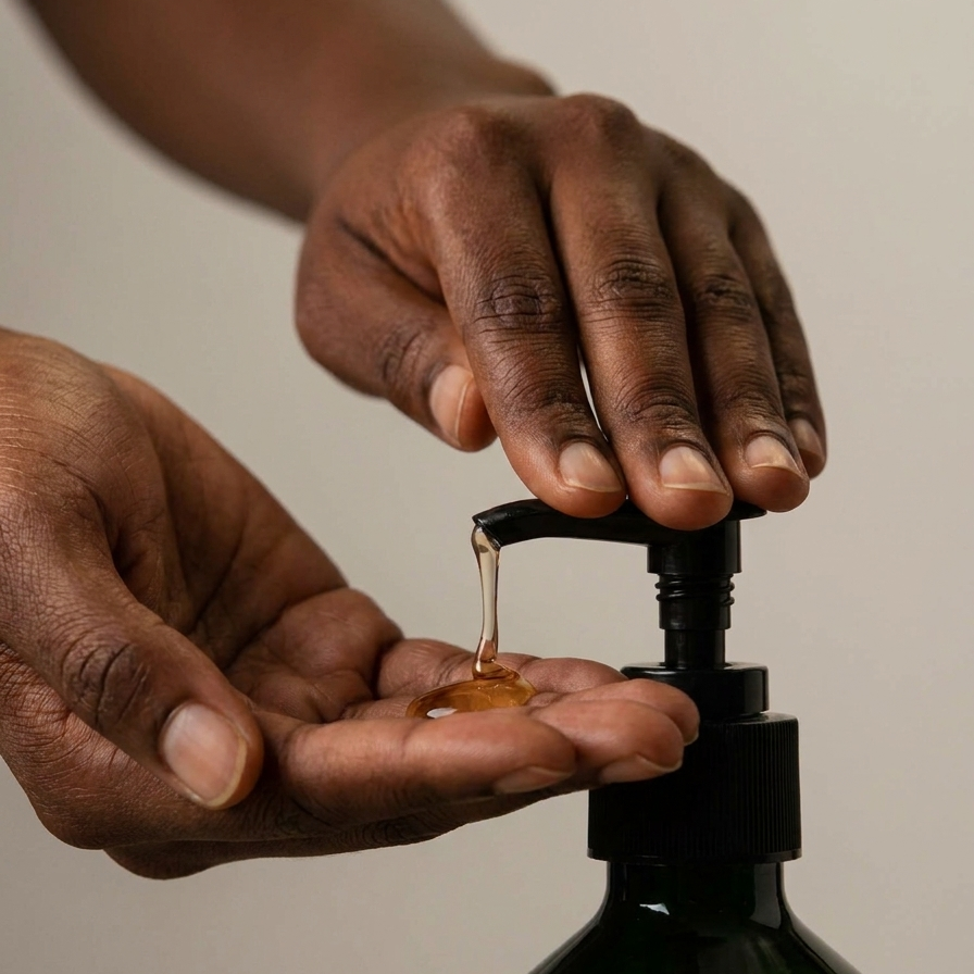 Hands dispensing amber Netty & Nature hand wash from a deep-green pump bottle