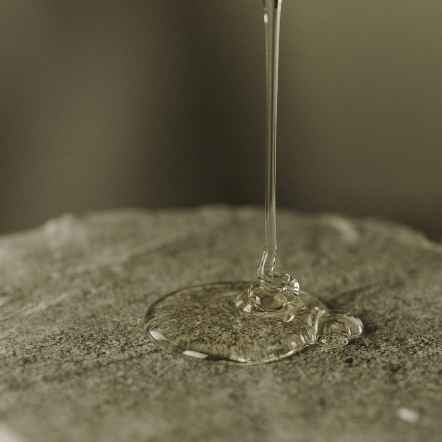 Clear gel drizzling onto a smooth stone surface