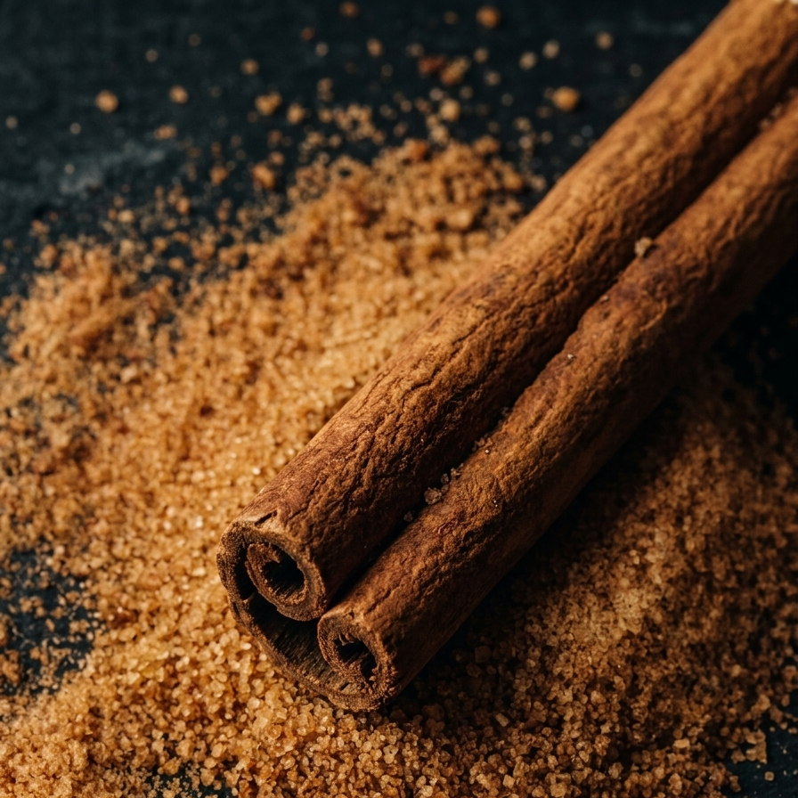 Cinnamon sticks on brown sugar — a spice note in the Mulled Wine scent