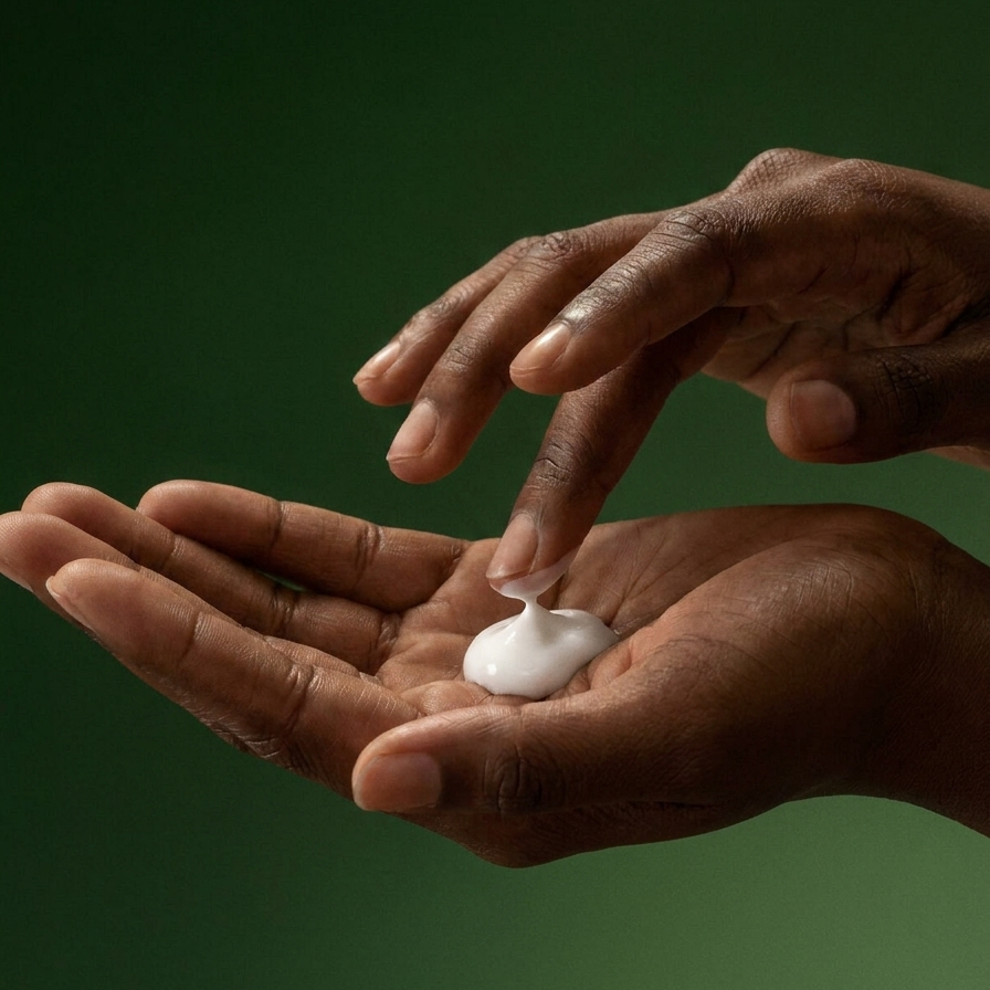 Hands applying white Netty & Nature hand cream against a deep-green background
